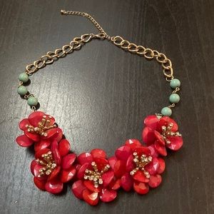 Red and turquoise beaded chunky floral necklace with gold trim and rhinestones